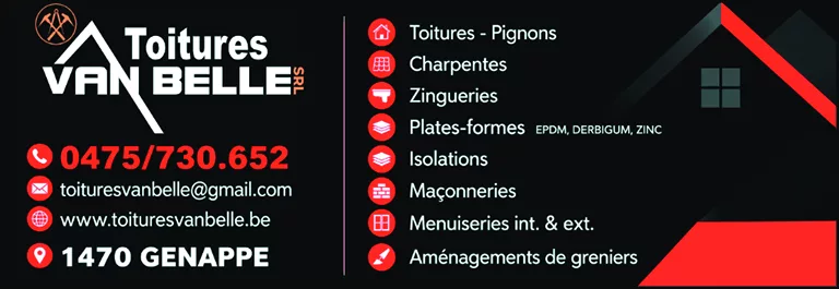TOITURE VAN BELLE SRL : Expert en toitures, charpentes et zingueries. Spécialiste en plateformes (EPDM, Derbigum, Zinc), isolation, maçonnerie et aménagement de greniers dans le Brabant Wallon.